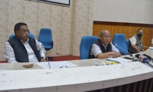 Deputy Chief Minister, Shri Prestone Tynsong, Health and Family Welfare Minister, Shri A. L. Hek and DHS (MI), Dr. A. War at the press conference held on 23rd July, 2020 at Yojana Bhavan, Meghalaya Secretariat.