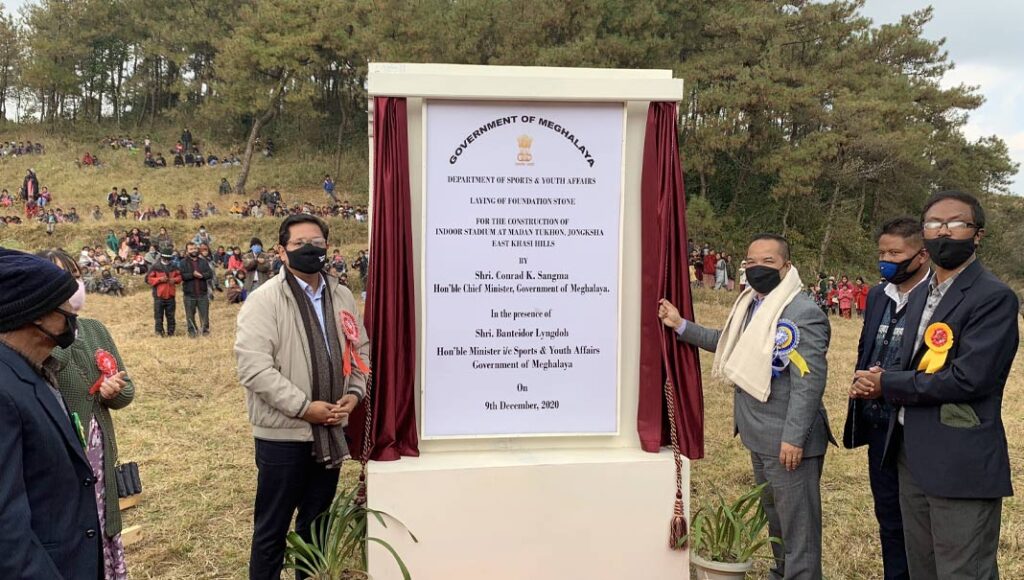 Meghalaya Chief Minister Conrad K Sangma today laid the base for the construction of an indoor stadium at Jongksha in East Khasi Hills in presence of Sports Minister Bantiedor Lyngdoh